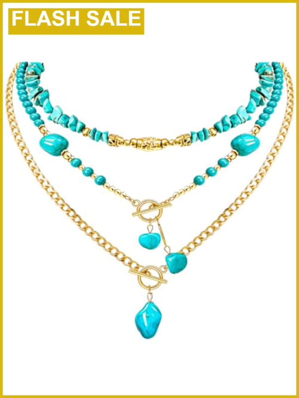 3 Pc Layered Western Necklace Set Turquoise Boho Gold Choker